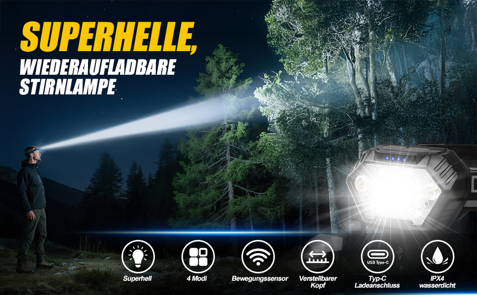 LED налобний ліхтар налобний ліхтар, перезаряжається, 9 LED, 1500mAh, кут нахилу 45°, 4 режими світла з датчиком руху, червоне світло, водонепроникний IPX4, для бігу вночі, піших прогулянок, кемпінгу, риболовлі, чорний