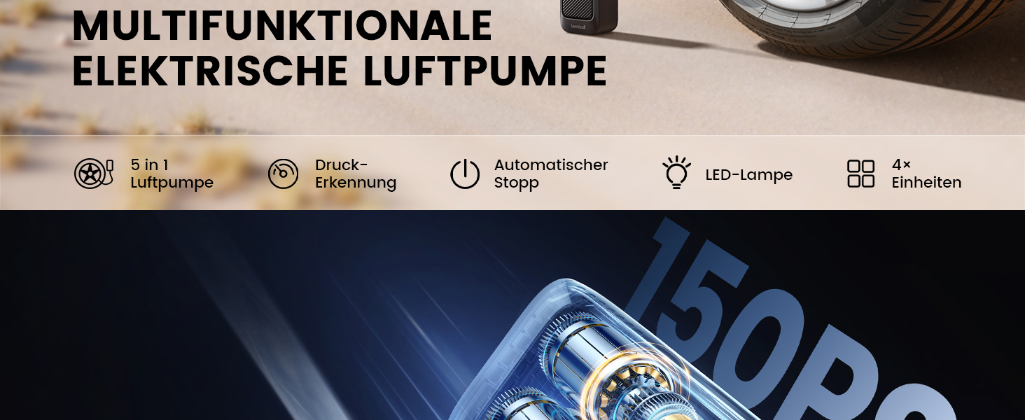 Електричний насос Lamicall для велосипедів, авто, мотоциклів та м'ячів з LED-підсвічуванням - 150 PSI, 5x швидше