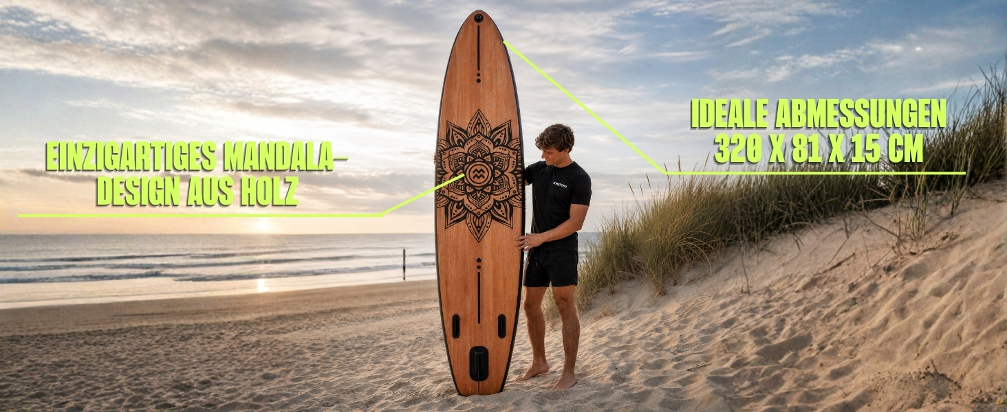 SUP дошка Matchu Komplettset – Дошка для Stand Up Paddling (SAP) – Чорна, 320x81x15 см, до 150 кг, антиковзке покриття, дерев'яний дек/мандала