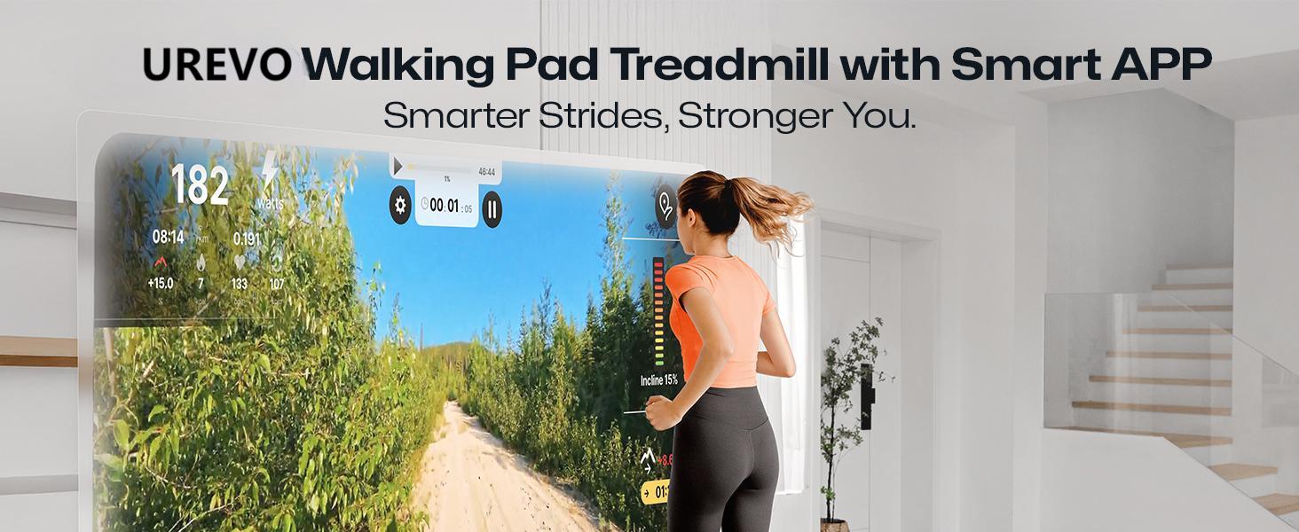 UREVO Smart Walking Pad - компактний тихий біговий столик з амортизацією, додаток для фітнесу, до 136 кг, для дому/офісу, чорний