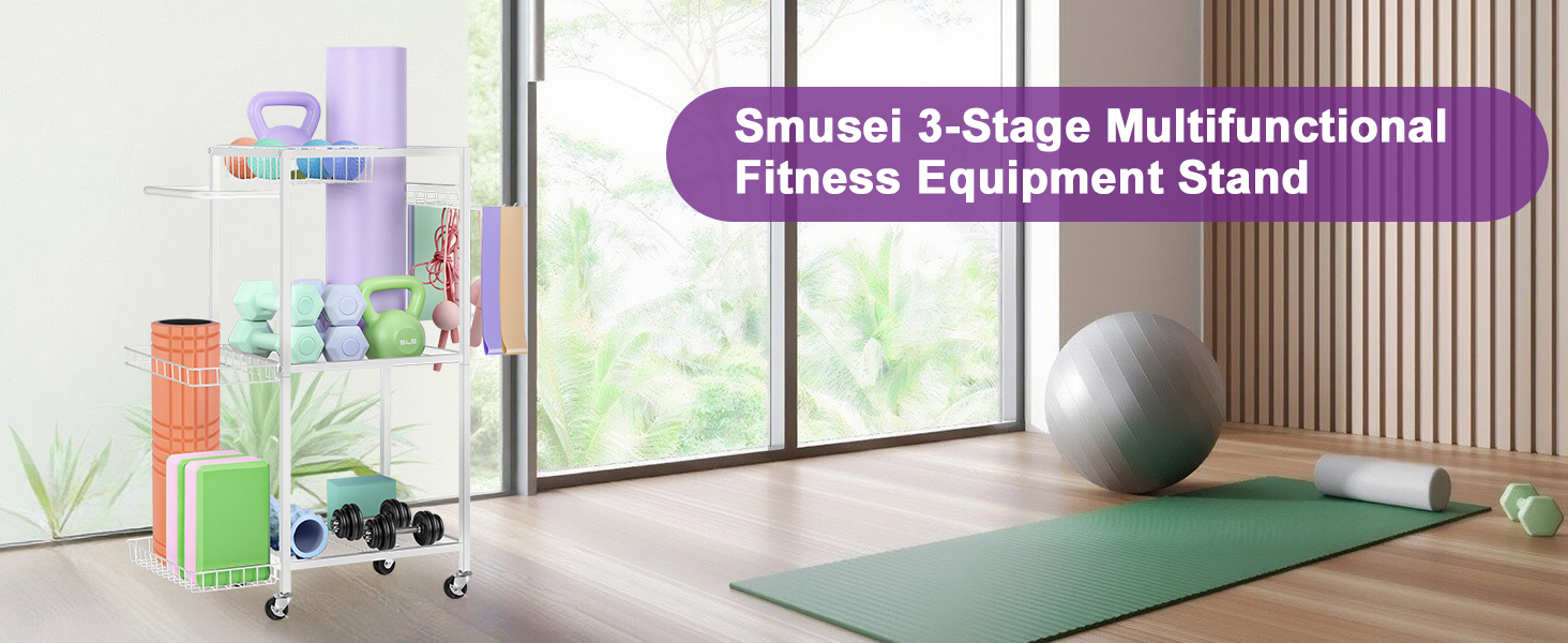 Стійка для зберігання спортивного обладнання Smusei: 3 яруси, металева, з роликами та 8 гачками. Підходить для йог-матів, гантелей, гир, кульок та іншого. Чорний колір.