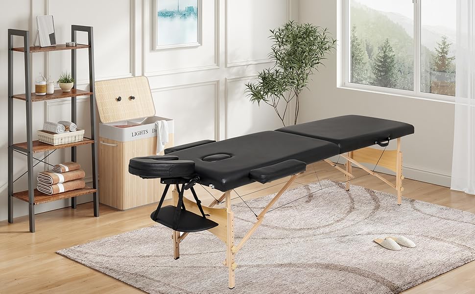 Мовбільна масажна кушетка Mondeer з 2 зонами, регульована по висоті, складана з дерева, для салону краси, з підголовником та підлокітниками, чорна