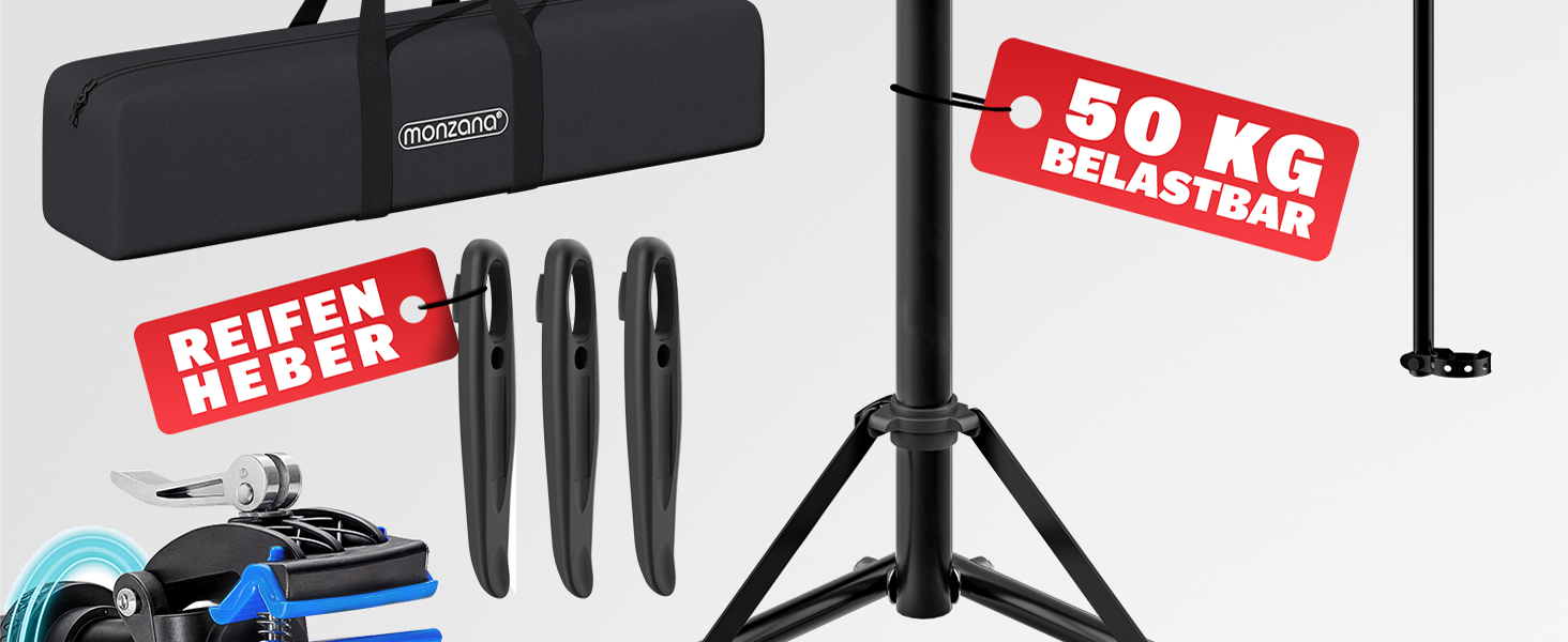 Підставка для збирання велосипедів Monzana® Profi: сталева, складна, регульована по висоті, 50 кг, для E-bike, з органайзером для інструментів та мішком для багажу