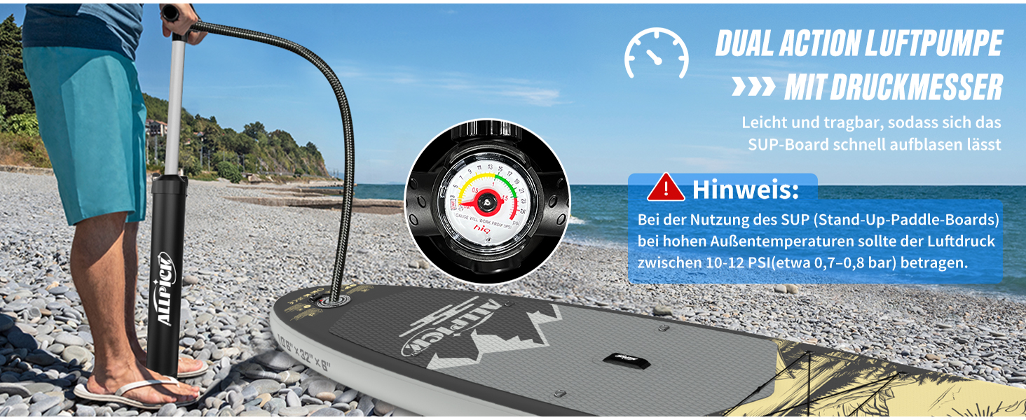 Надувний SUP Борд ALLPICK Premium Set: Комплектація для початківців та професіоналів, камера, аксесуари, регульоване весло, 200 кг, сіро-золотий