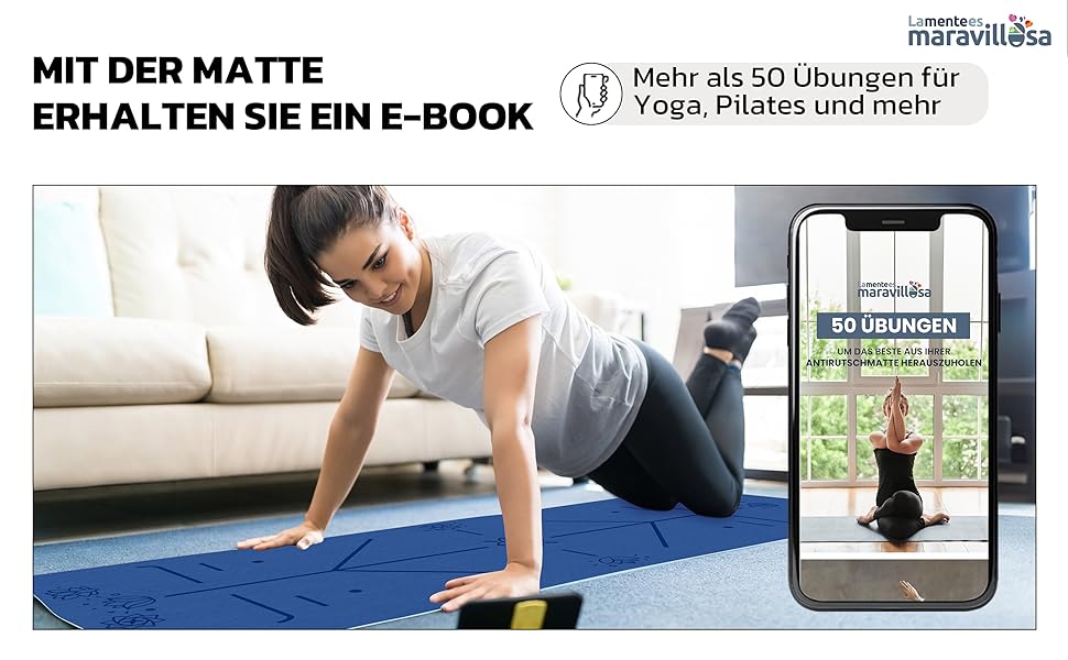 Килимок для гімнастики та йоги LA MENTE ES MARAVILLOSA: антиковзкий, з сумкою та E-book, 183x61 см