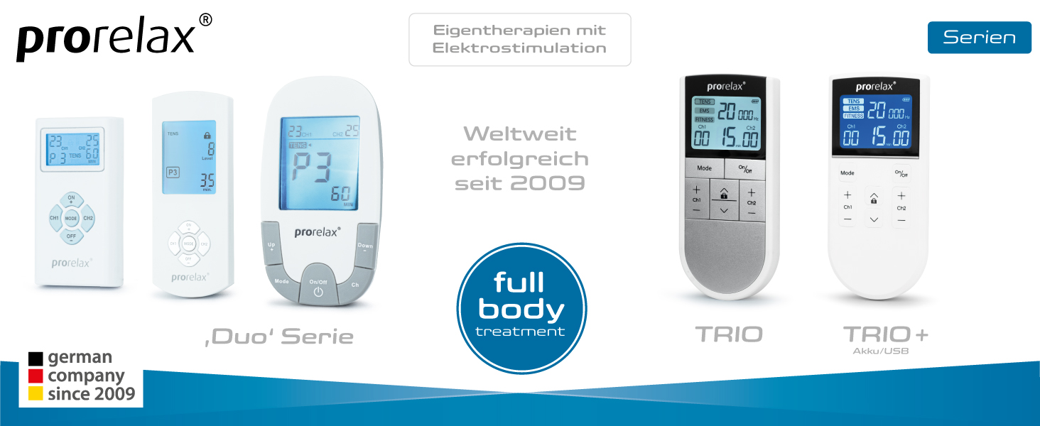 Prorelax TENS/EMS Trio: електростимулятор для релаксації, м'язів та зняття болю | 3 терапії, 50 програм, 16 рівнів інтенсивності
