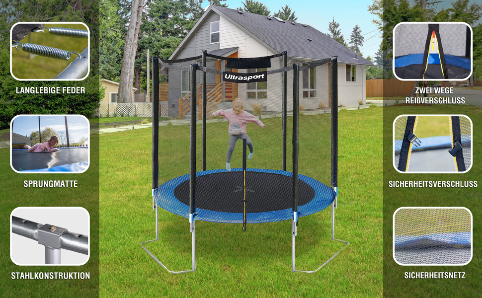 Трамплін Ultrasport SICHERSTE для дітей на відкритому повітрі Ø180-430 см, до 150 кг, з мережею безпеки та аксесуарами. Безпечний та тихий, блакитний.