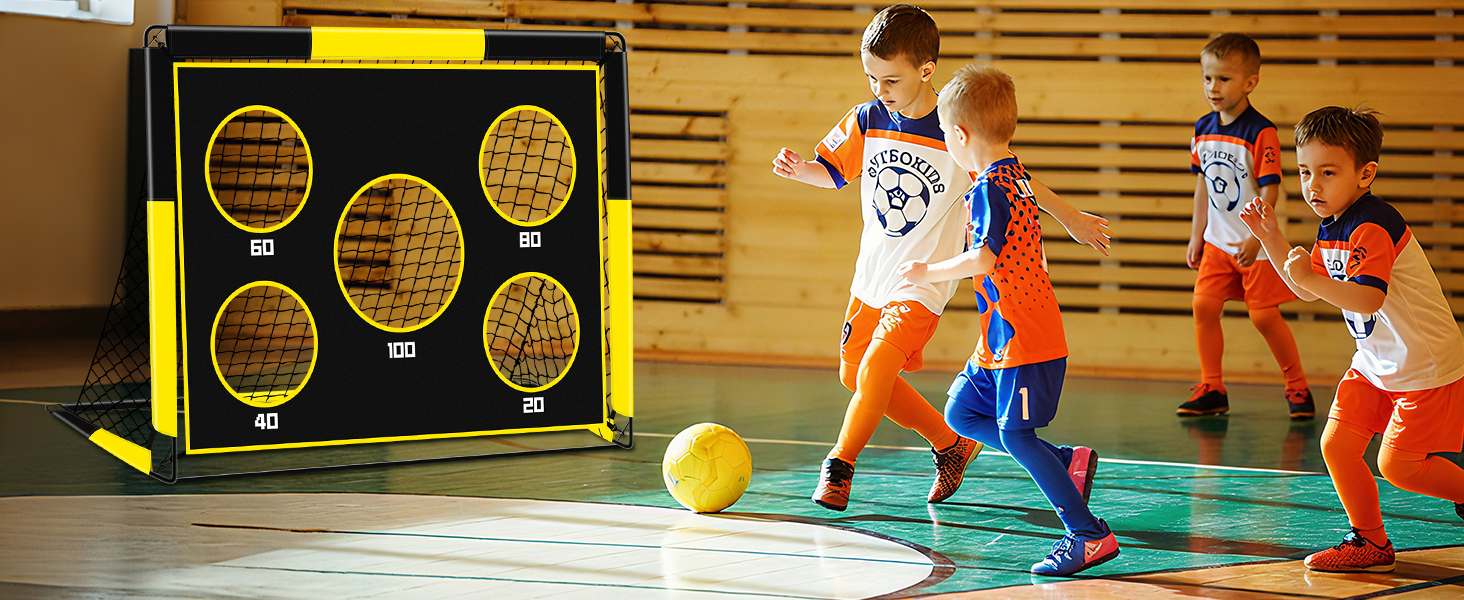 Дитячі воріта для футболу 2-в-1, 150х120 см, портативні та стабільні, з 5 цілями, 4 анкери та сумка, для саду, парку, пляжу (жовті)