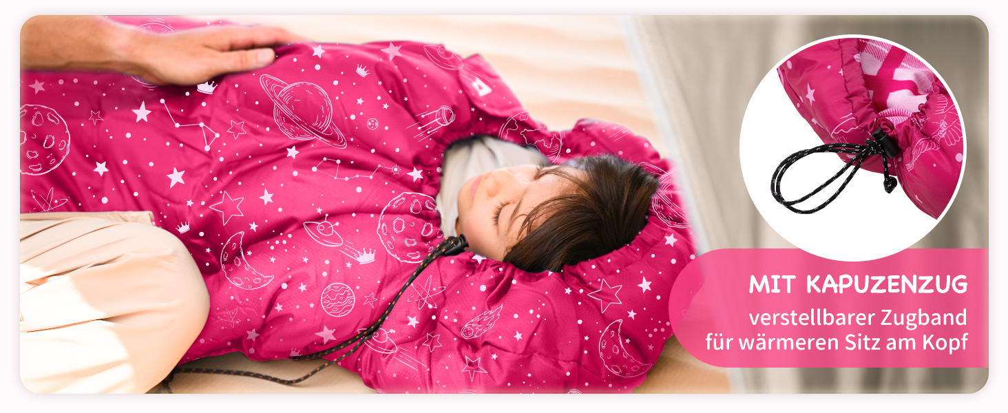 Спальний мішок KingCamp для дітей, фланелевий, легкий, водонепроникний, компактний, зимовий, 4 сезони, для кемпінгу, підходить для дітей до 140 см, комфортна температура: 7°C, рожевий, регульована довжина