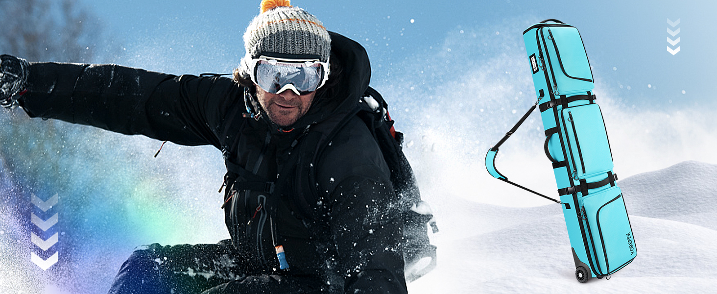 Чохол для сноуборду YOREPEK з колесами, водонепроникний, з 6 кишенями для сноуборду та лиж, розширюваний, 170 см, для подорожей літаком (Світло-блакитний)