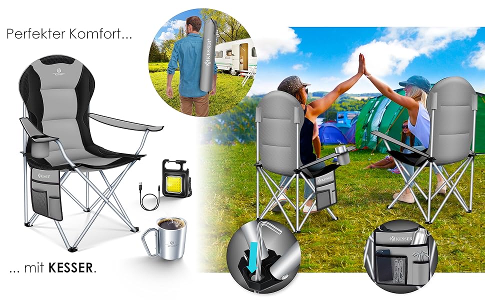 Крісло для кемпінгу KESSER® з підлокітниками, високою спинкою, місткістю до 150 кг, сіре/чорне, з підсвіткою та тримачем для напоїв