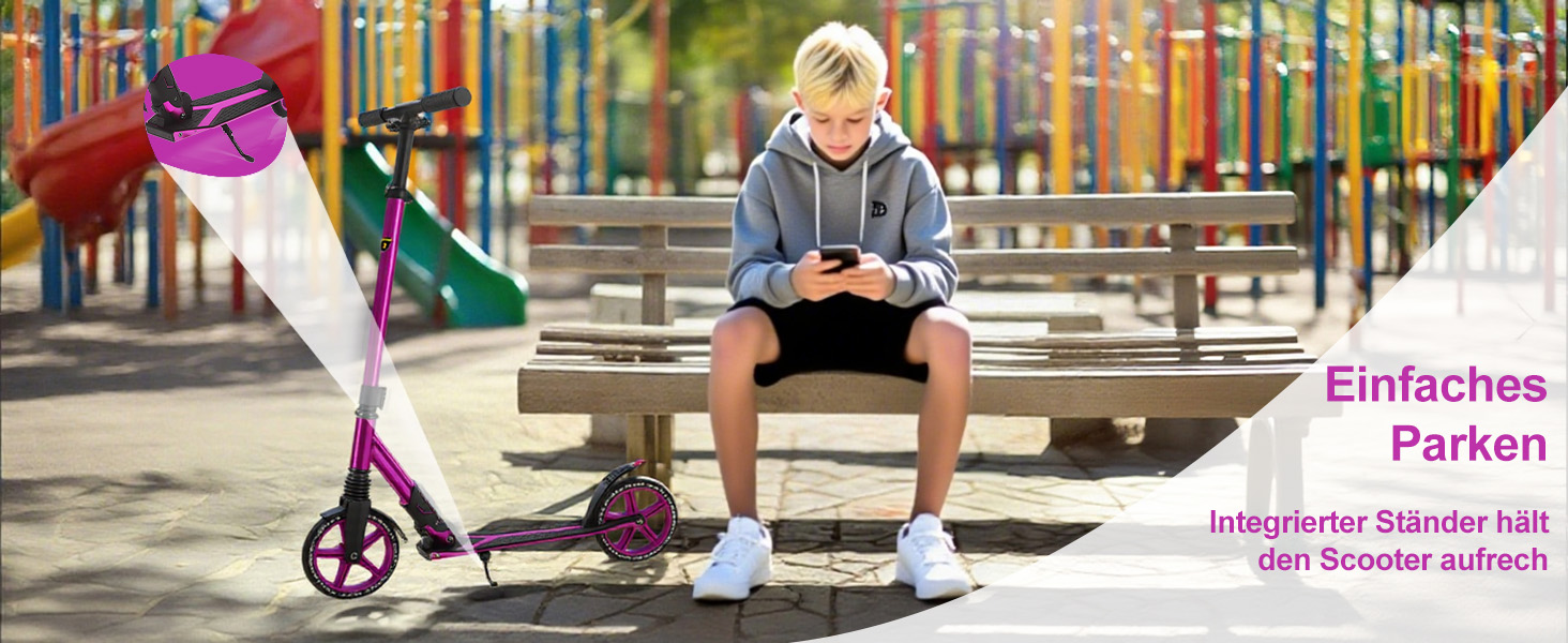 Скутер Lamborghini Tretroller Cityroller з великим колесом, складний, регульована висота, для дорослих та дітей, з підставкою, передньою амортизацією та гальмом на задньому колесі, до 100 кг (фіолетовий)