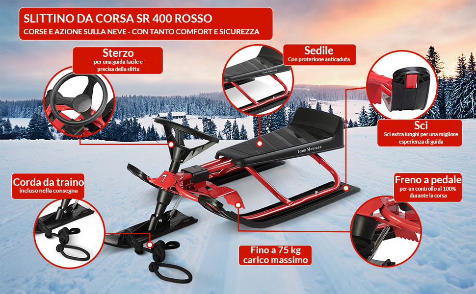 Дитячий санний боб Monzana SR 400red - 75 кг, з гальмом, спинкою та ручкою