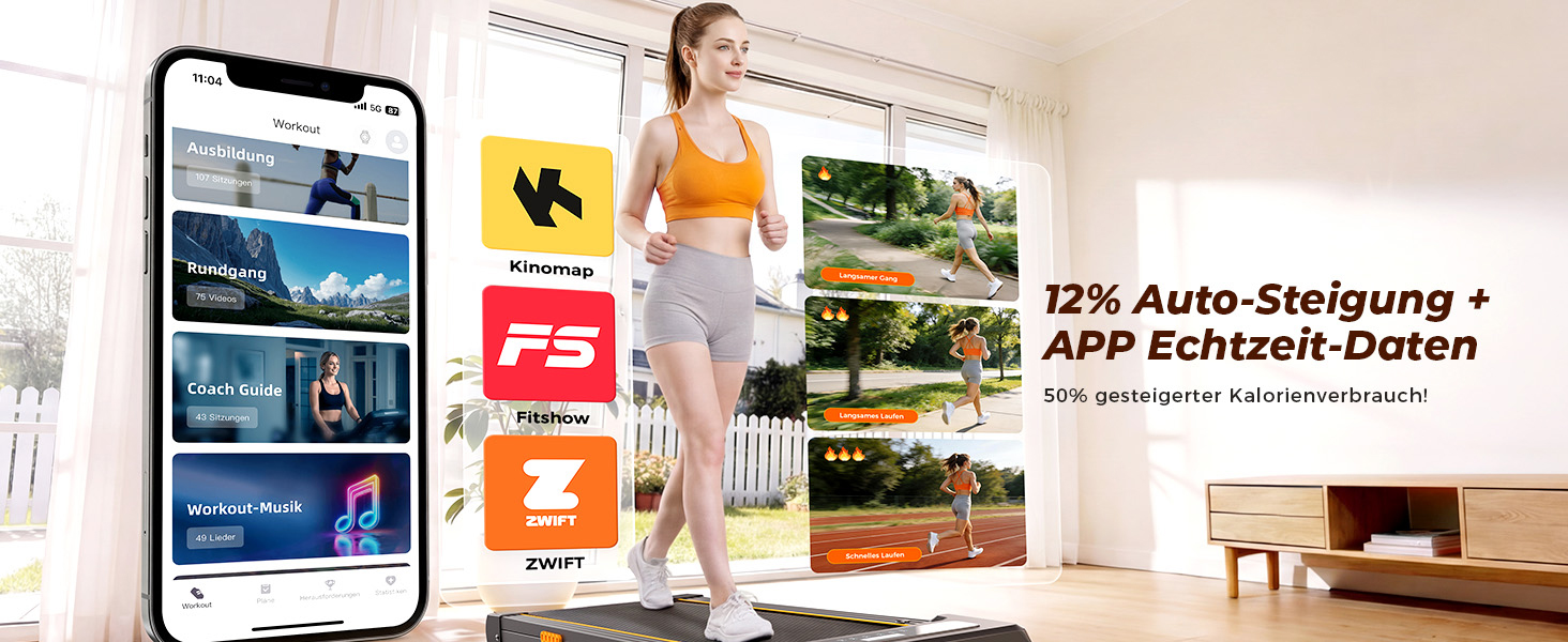Walking Pad з регулюванням нахилу 12%, амортизація, біговий стіл з розумним додатком, двигун 2.5PS, для дому та офісу, пульт дистанційного керування та LED дисплей, 180 кг, автоматичний нахил та додаток