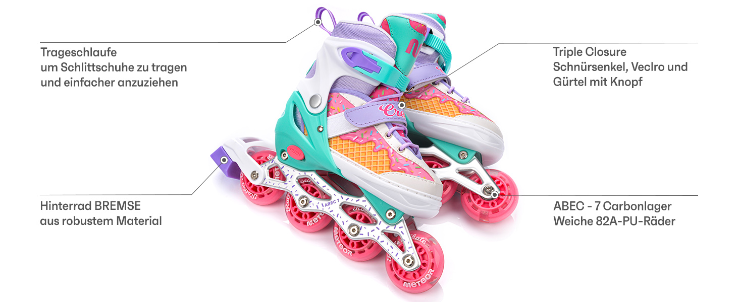 Дитячі ролики 4-в-1 Meteor Mermaid – регульовані, ABEC-7, PU-колеса, алюмінієвий фрейм, розміри XS-M