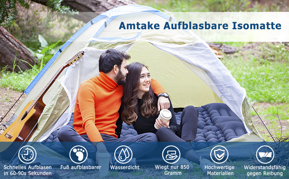 Каремат Amtake самонадувний, 10 см, для кемпінгу, туристичний, ультралегкий, з насосом, водонепроникний, для відпочинку на природі, пікніків, пляжу, блакитний