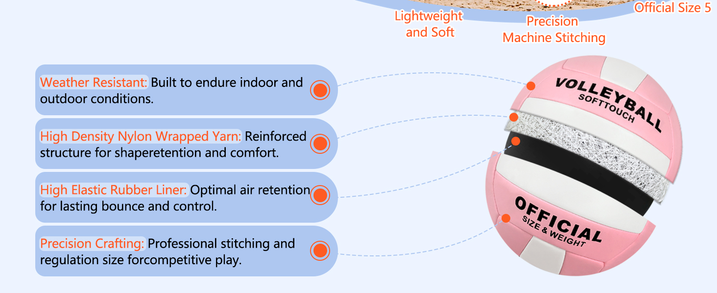 Волейбольний м'яч Aipwerer: для тренувань, пляжу, залу. Водостійкий, Soft Touch, рожевий. У комплекті насос та сумка