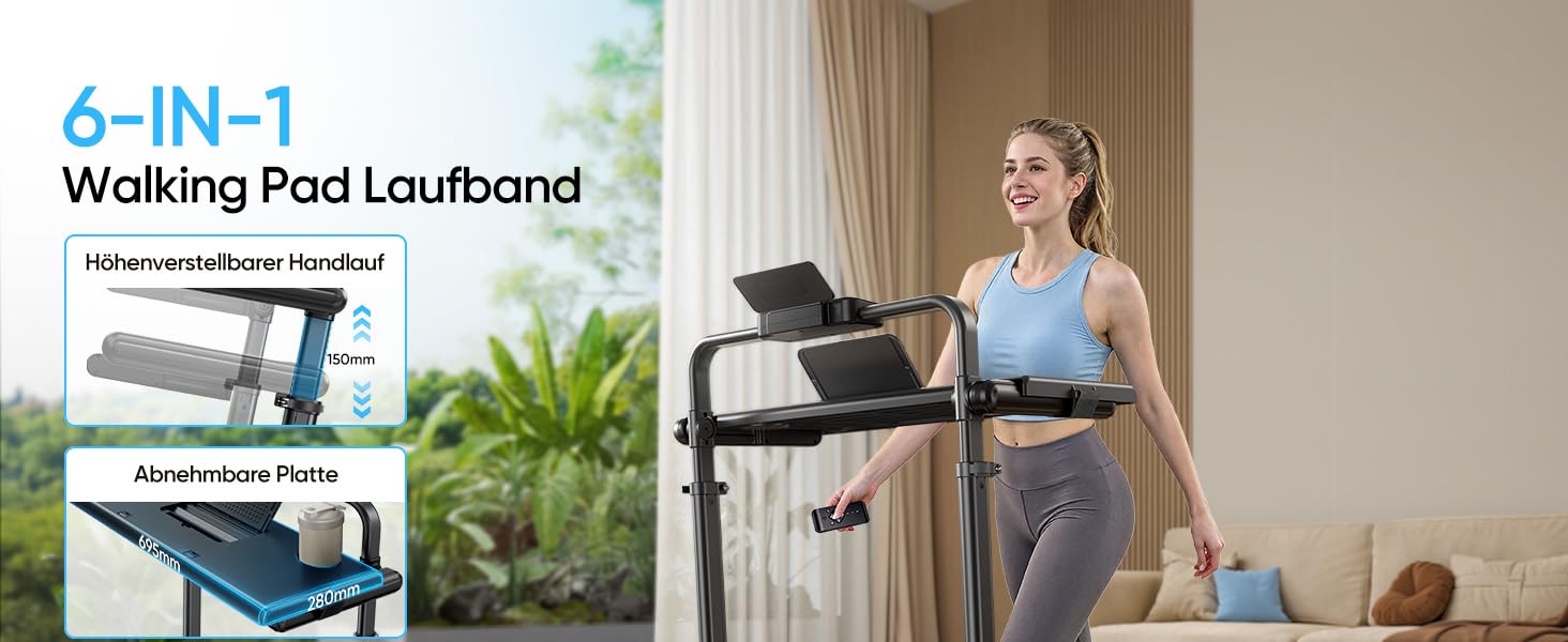 Складне бігове полотно 6-в-1 для дому, складане з регульованим столом, потужність 3.0HP, нахил до 12%, швидкість 12 км/год, Walking Pad з телескопічним підйомником 15 см та RGB-підсвіткою, максимальне навантаження 150 кг, чорно-блакитний колір