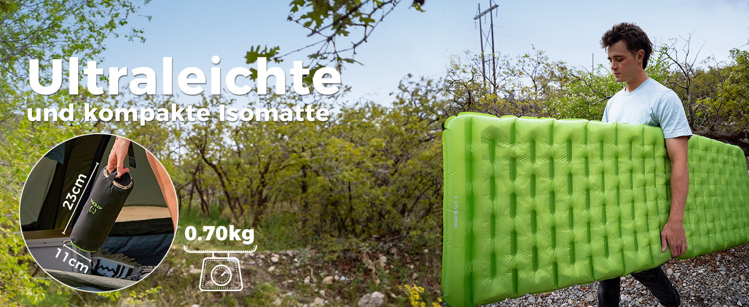 ATEPA ThermAir Ultraleichte Isomatte: Каремат для кемпінгу та хайкінгу, 9 см, R-значення 6, зелений (183x64 см)