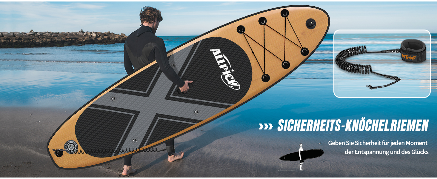 Надувний SUP Борд ALLPICK Premium з аксесуарами, тримачем для камери, регульованим веслом, для початківців та досвідчених, 200 кг, вінтажний дизайн з імітацією текстури дерева