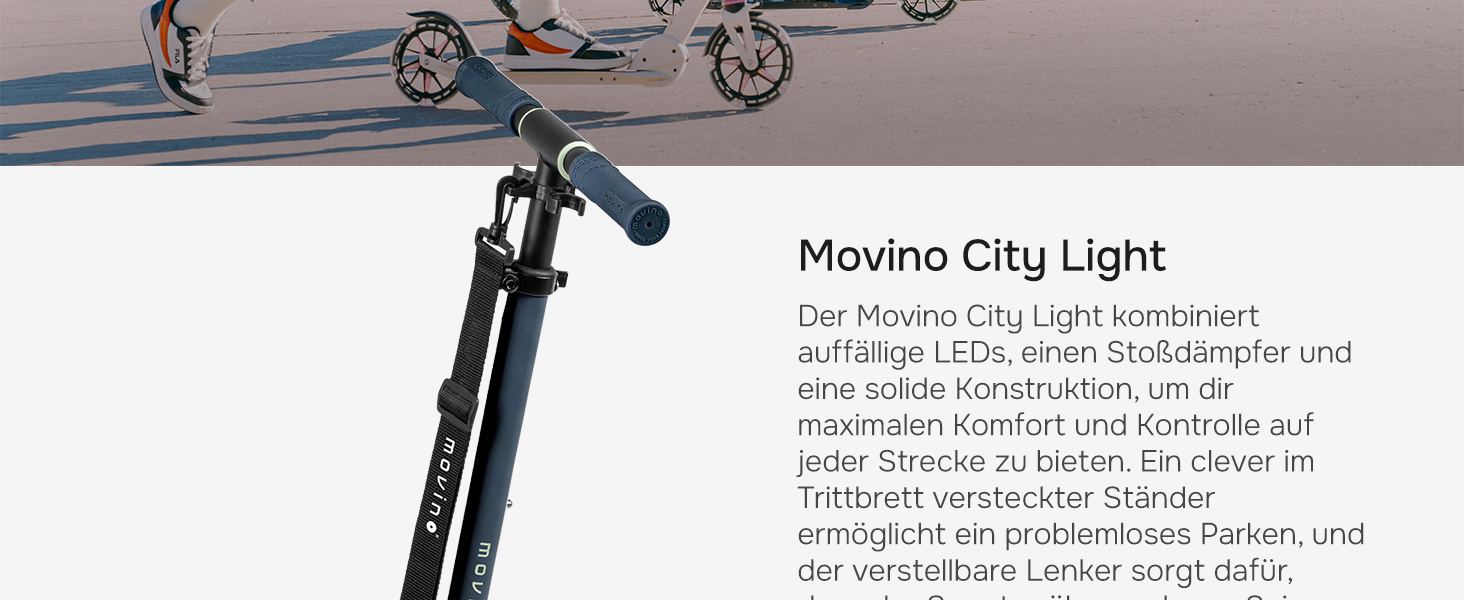 Електросамокат Movino City Light для дітей та підлітків, синій/оливковий: з амортизатором, колеса 180мм, регульований кермо