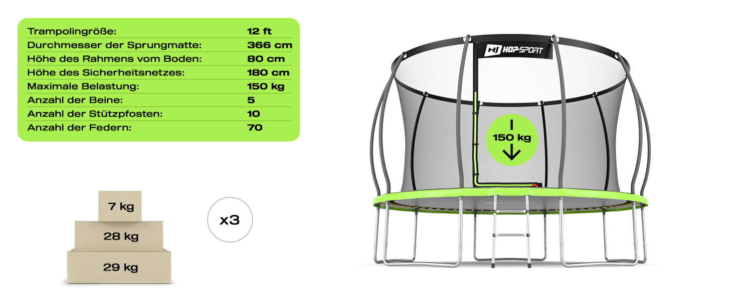 Трамплін Hop-Sport Outdoor – діаметр 244/305/366/427/488 см. Комплект з захисним сіткою, вигнутими ніжками та сертифікатами безпеки. У комплекті: сходи та захисний бордюр (для моделі 366 см)
