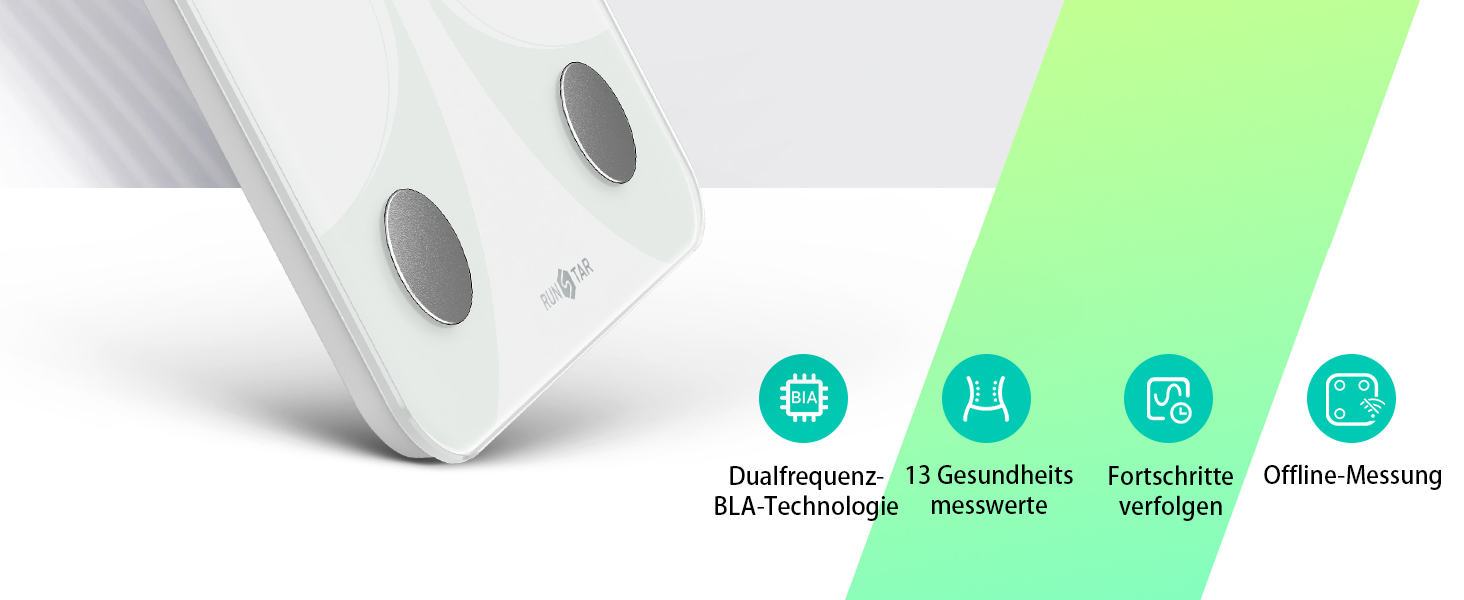 Вага RunSTAR для вимірювання жиру в тілі, електронна персональна вага з великим дисплеєм, аналізатор 13 показників, синхронізація з додатком - білий колір