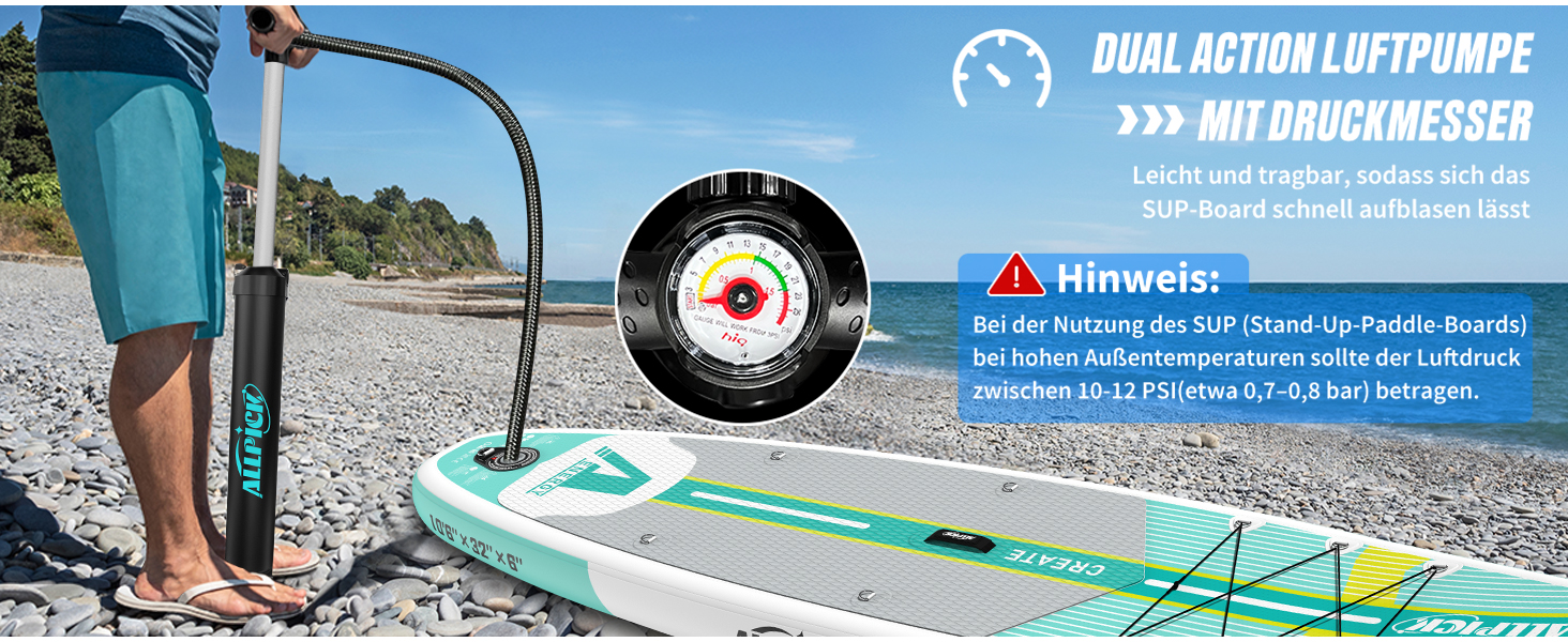Надувний SUP-борд ALLPICK Premium Set: Комплектація для веслування, камера, аксесуари, регульоване весло (200 кг, свіжий м'ятний)