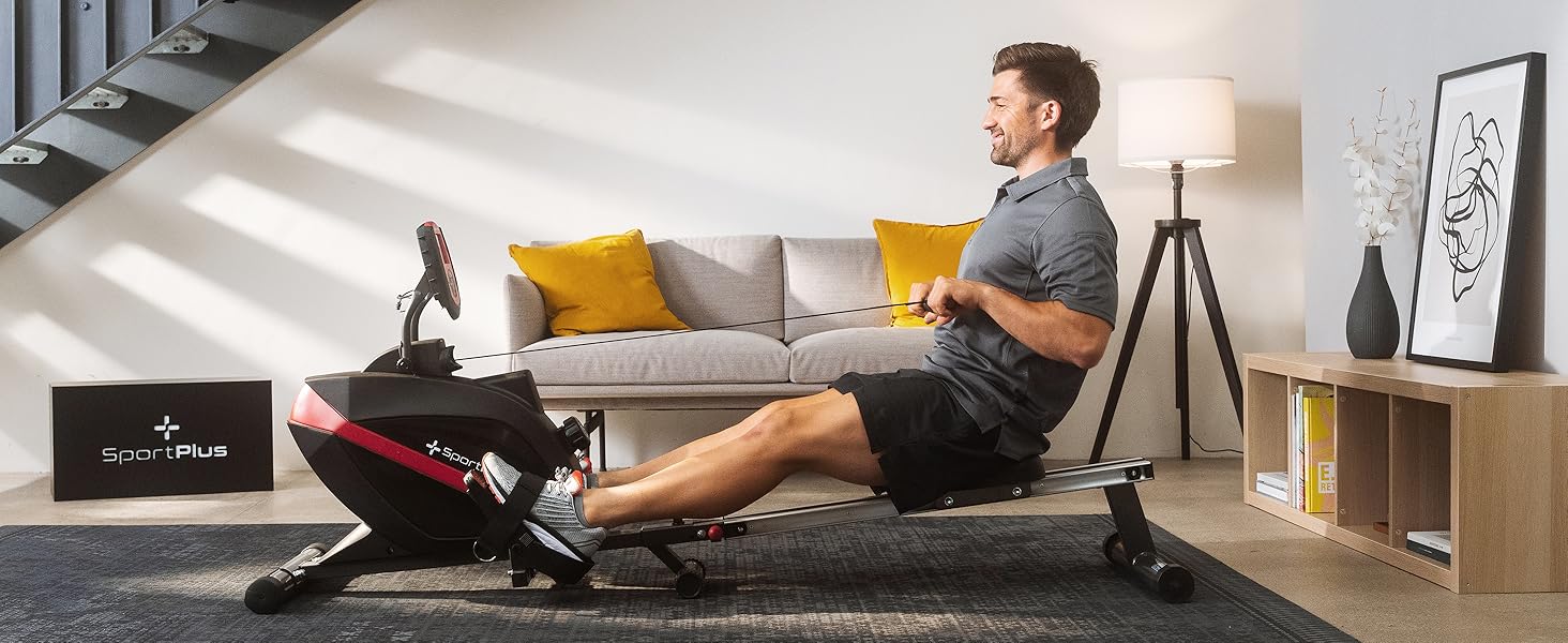 Гребний тренажер SportPlus для дому, складаний, з тихою магнітною системою гальмування, комп'ютер для тренувань, фітнес-обладнання для дому, Indoor гребний тренажер, сумісний з додатком (опціонально), комфортний