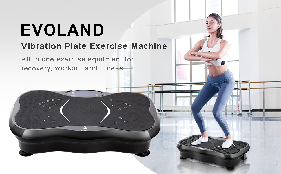 Віброплатформа для фітнесу EVOLAND з Bluetooth-динаміком, 5 програмами тренувань та еластичними стрічками, витримує до 150 кг, для дому