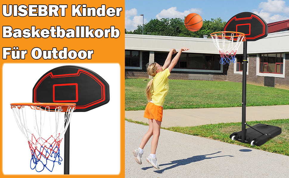 Баскетбольний кошик UISEBRT вуличний з м'ячем та насосом для дітей - стійка 156-208 см, регульована висота, мобільна баскетбольна установка на колесах, міні кошик для гри в приміщенні та на вулиці
