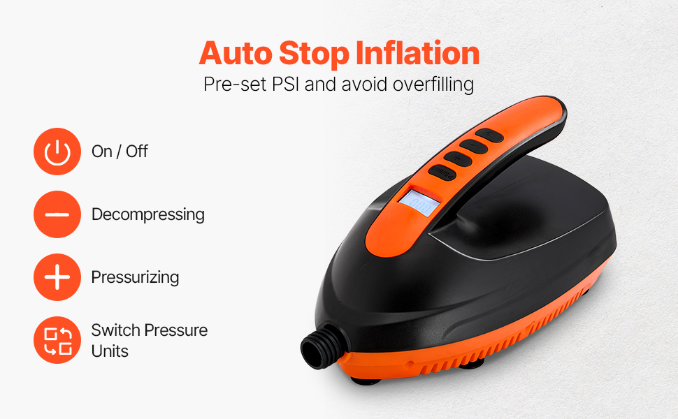 Електрична SUP-насос VEVOR з USB-виходом, 2-ступеневий насос для надувних SUP-дошок, наметів з автоматичним вимкненням та LED-підсвіткою (20 PSI)