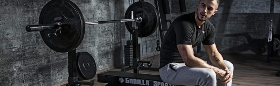 Стійка для штанги GORILLA SPORTS, регульована, до 250 кг, з підставкою для занурення