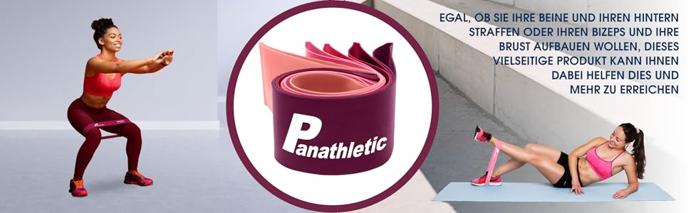 Фітнес-гумки Panathletic, набір 5 шт. – різні рівні опору, інструкція, eBook, сумка – 5 фітнес-гумок, гімнастичний еспандер, стрічка опору чорний, червоний, жовтий, синій, зелений (рожевий)