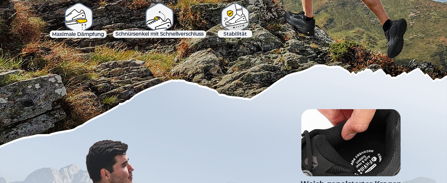 Черевики для піших прогулянок FitVille для чоловіків, широкі, трекінгові, туристичні, чорні. Зі зносостійкою підошвою, дихаючі, легкі, кросівки 45 EU, X-широкі