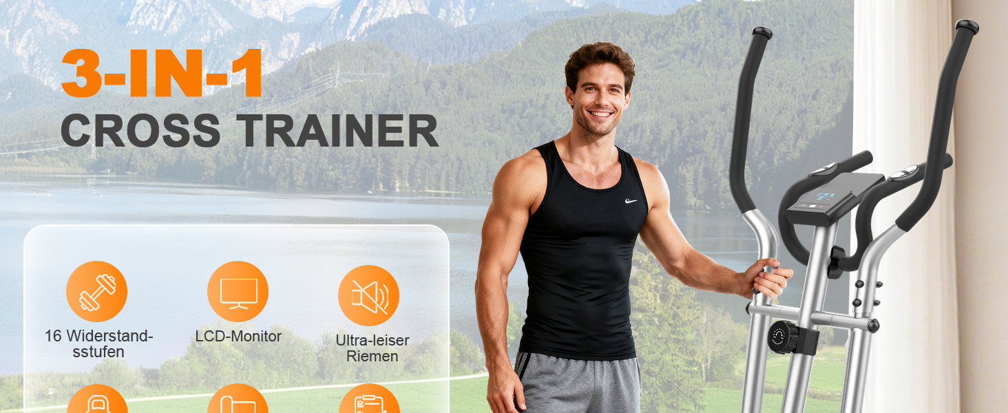 Еліптичний тренажер Crosstrainer 3-в-1 для дому з регулюванням навантаження, LCD-монітором та тримачем для пляшок (Оранжевий + Срібний)