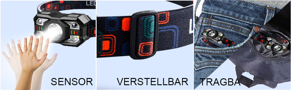 LED налобний ліхтар з перезарядкою, 2000 люмен, сенсор, 10 режимів, для кемпінгу, риболовлі, бігу, велосипеда, надзвичайних ситуацій