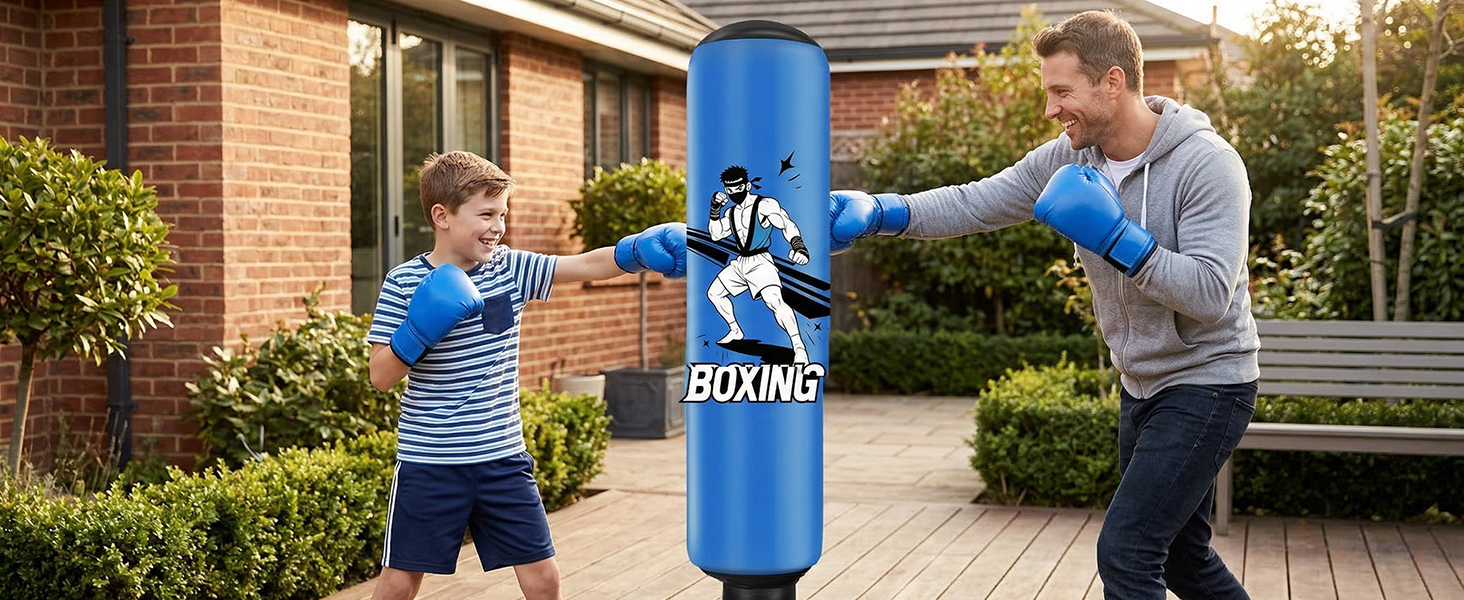 Боксерський мішок надувний для дітей 168 см з рукавичками та насосом, блакитний, з мотивом бійця, для дому, 5-12 років, для Karate та Taekwondo