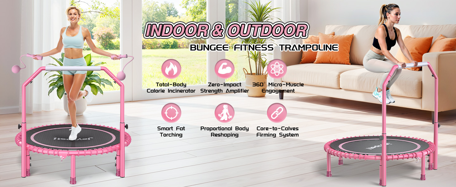 Міні-батут для фітнесу JOY SPOT! Ø102 см, складний, з пружинами та регульованою ручкою, вантажопідйомність 204 кг, для дому та вулиці, з скакалкою