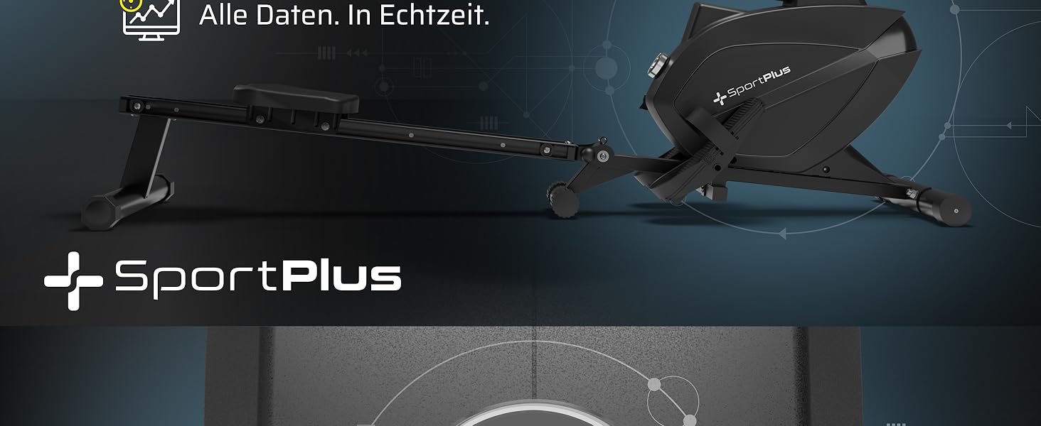 Гребний тренажер SportPlus для дому, складаний, з тихою магнітною системою гальмування, комп'ютер для тренувань, фітнес-обладнання для дому, Indoor гребний тренажер, сумісний з додатком (Premium)
