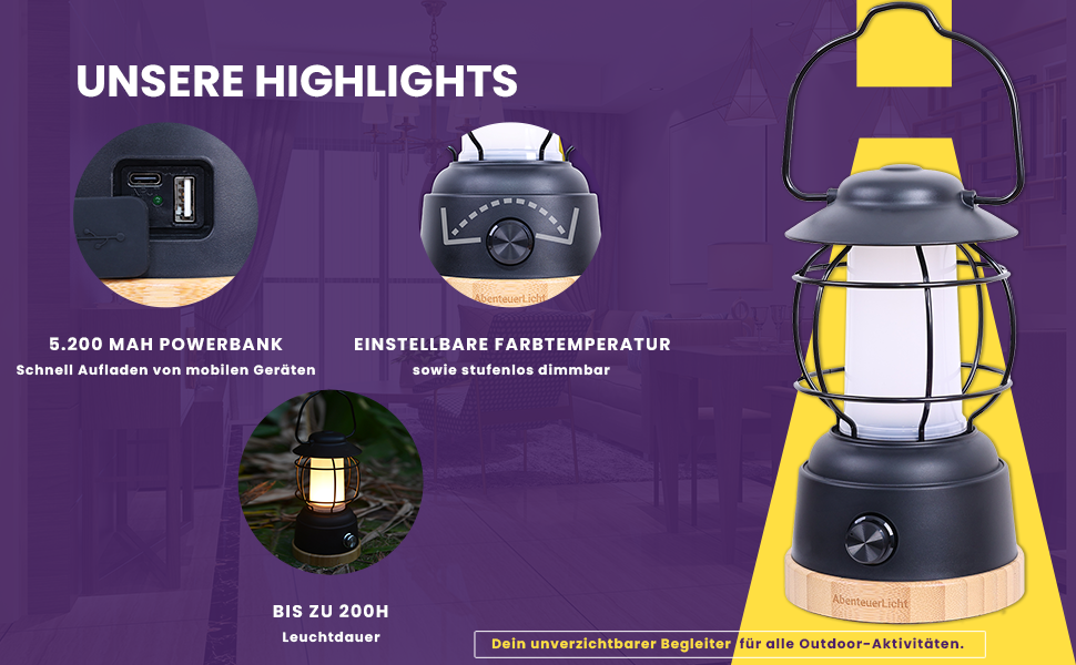 LED кемпінговий ліхтар Abenteuerlicht - вологостійка акумуляторна лампа для кемпінгу з тривалим часом роботи (200 годин), регульована яскравість, 2 колірні температури, 390 люмен, USB-зарядка