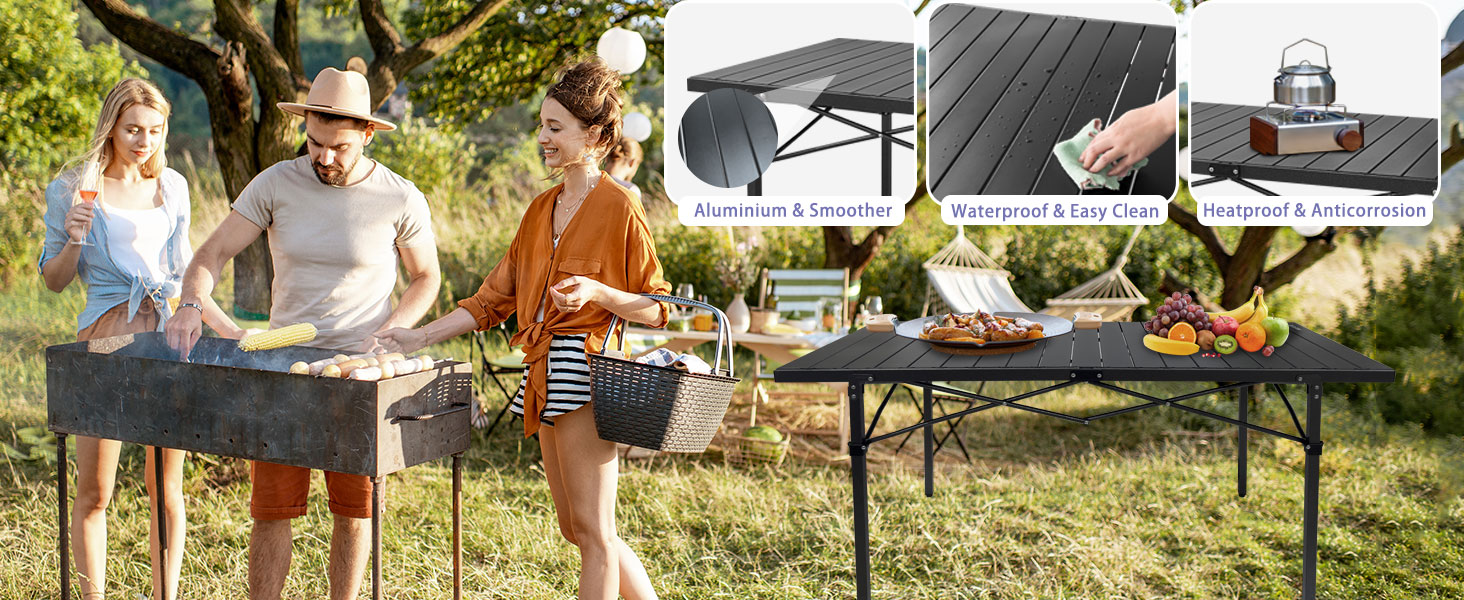 Стіл для кемпінгу Poeopore, розкладний, алюміній, великий, на 4-6 осіб, чорний, 140 x 70 x 70 см