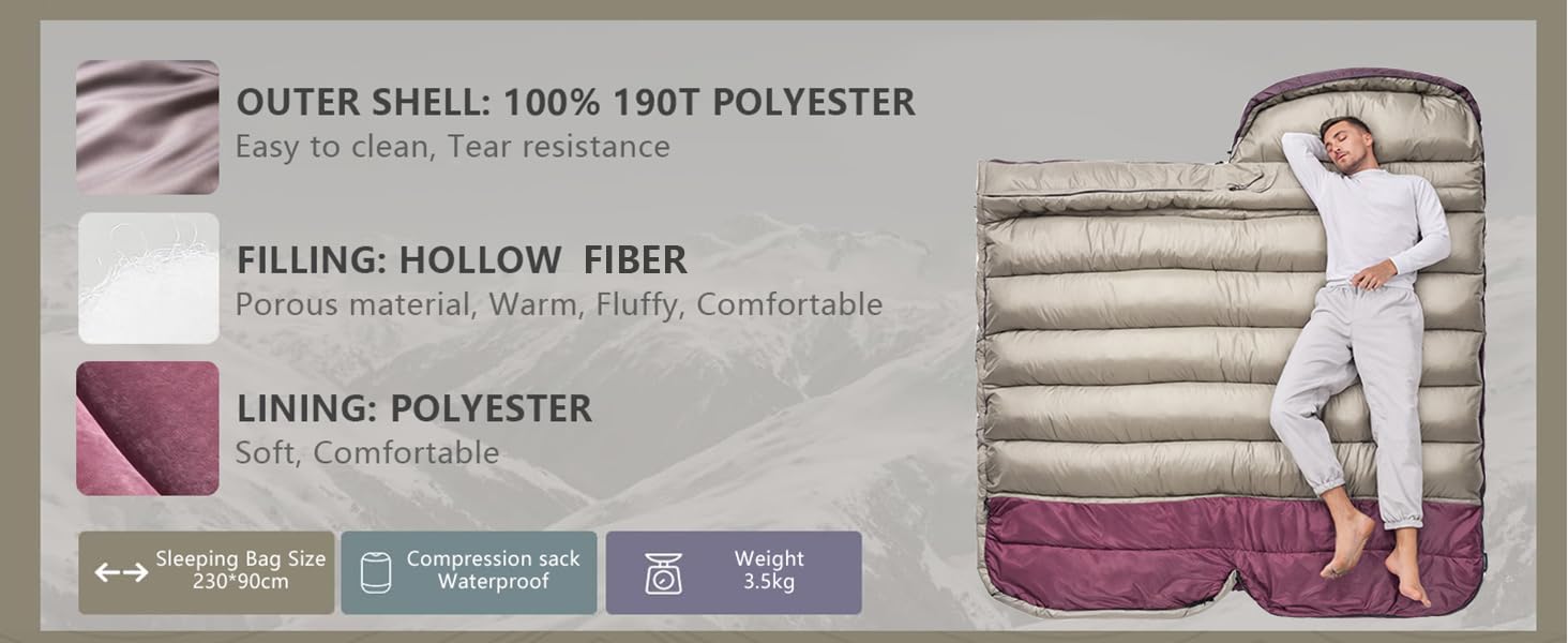 Спальний мішок BISINNA зимовий для дорослих 0°C, XL - великий та широкий, 3,5 кг, для кемпінгу та зимового відпочинку (230x90 см)