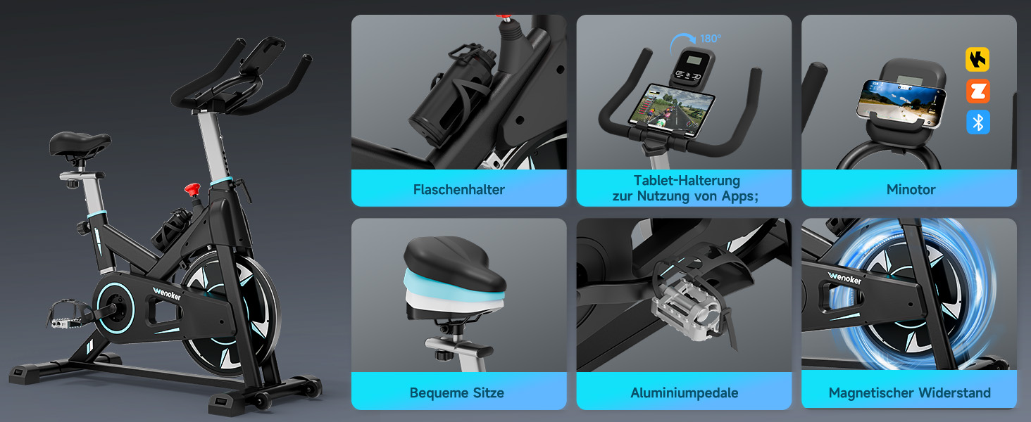 Велотренажер Wenoker з APP, магнітний опір, для дому, Indoor Bike, LCD-дисплей, вантажопідйомність 160 кг, турквіс