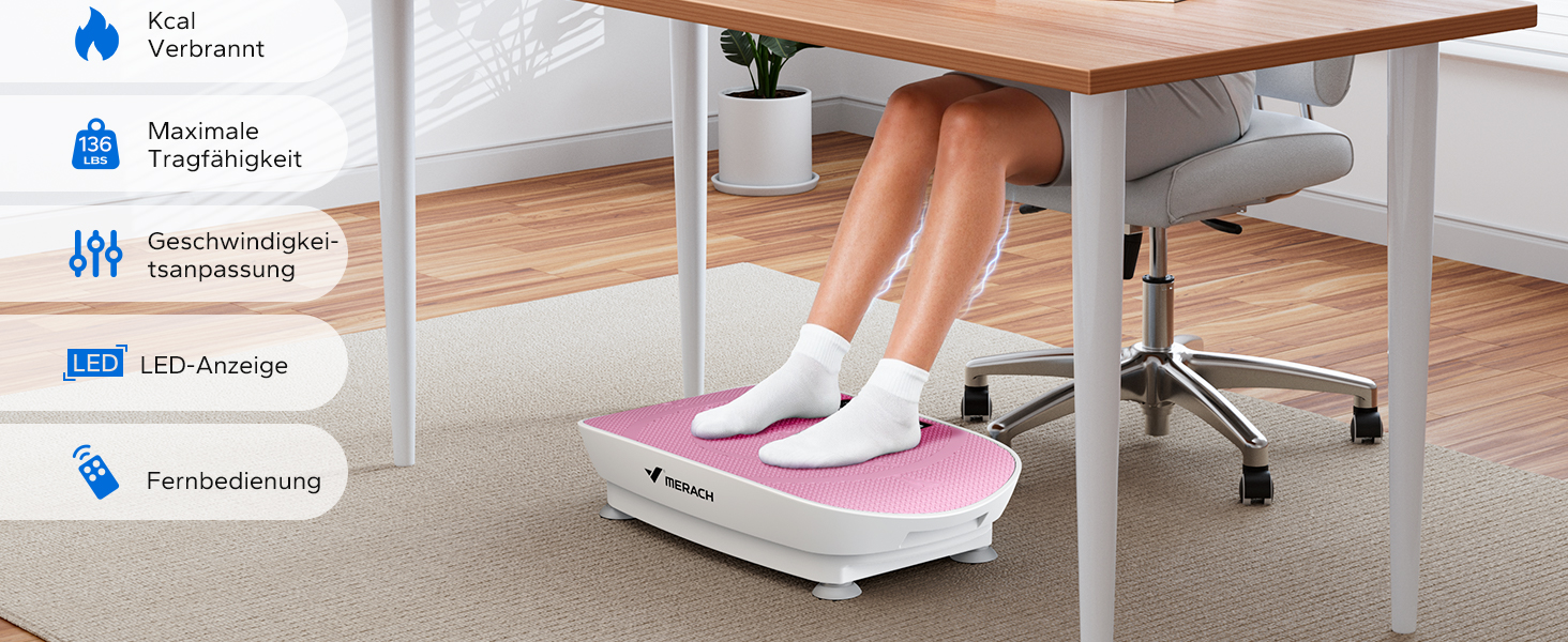 Вібраційна платформа MERACH для формування тіла та розслаблення. Тиха, компактна, з LED-дисплеєм, пульт дистанційного керування та комфортним силіконовим килимком. Рожева