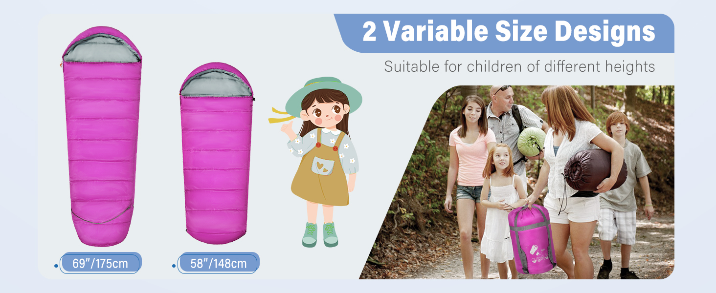 Сплячий мішок для дітей REDCAMP 175x65 см, рожевий. Теплий, зручний, регульований, для кемпінгу та відпочинку на природі. 3-сезонний