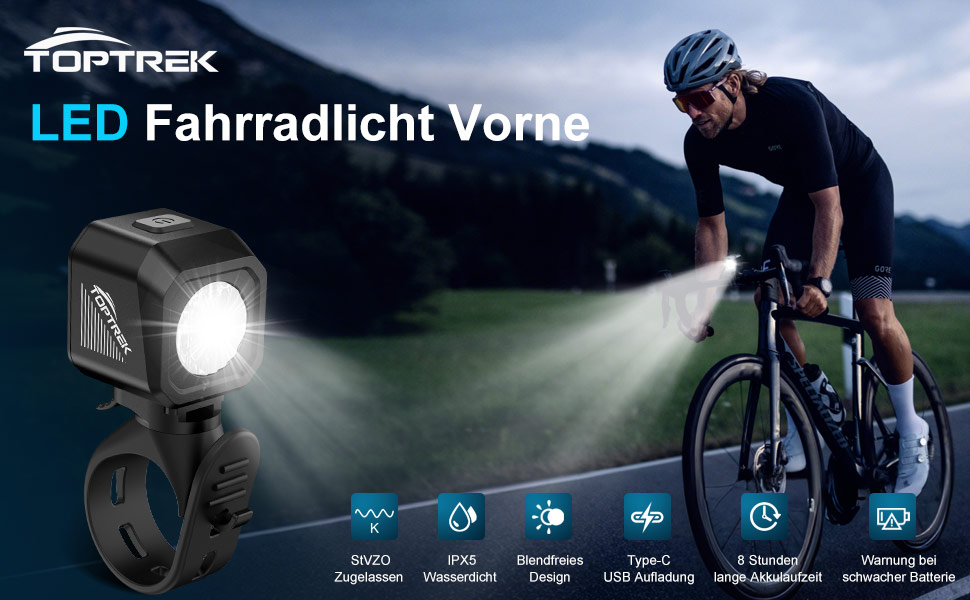 Фронтліхтар для велосипеда Toptrek з акумулятором 5-8 годин, StVZO, USB-C зарядка, індикатор заряду, IPX5 водостійкий, для шосе, електровелосипеда, MTB, Citybike