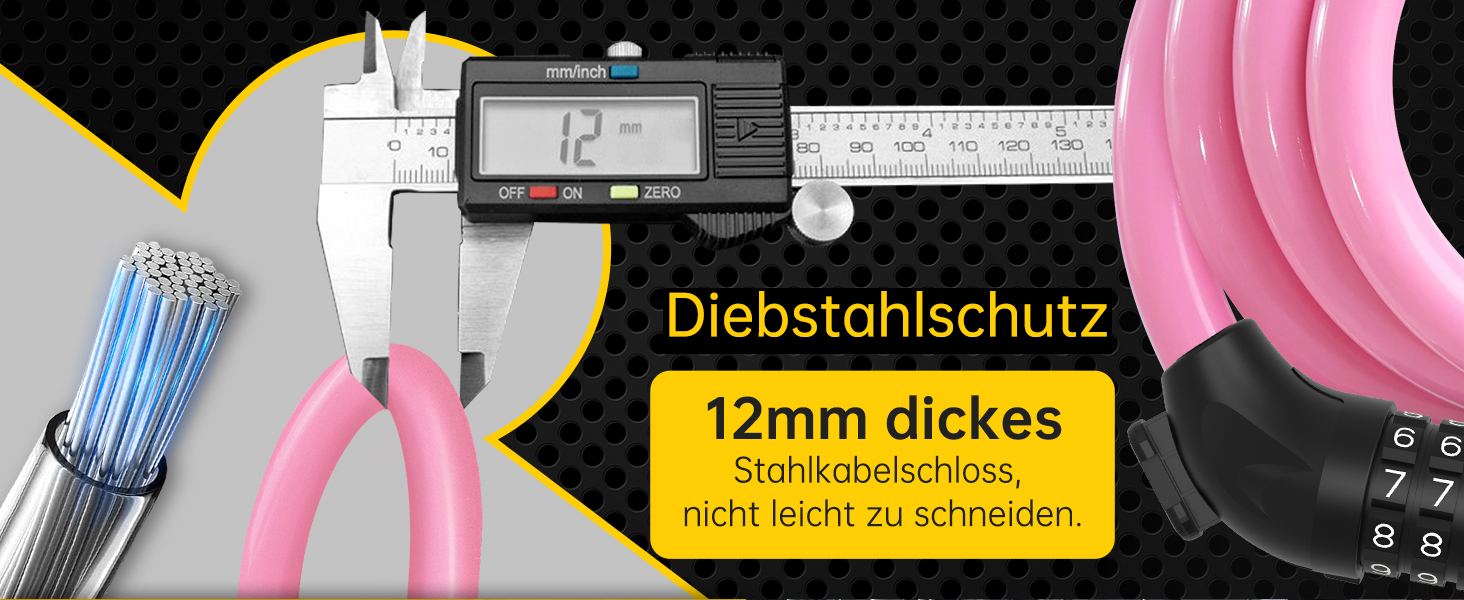 Замки для велосипеда з кодом 12 мм/120 см, кабельний замок від крадіжок з 5-значним кодом, вологостійкий замок-кабель для велосипеда, електровелосипеда, дитячої коляски, драбини (Чорний) (Рожевий)