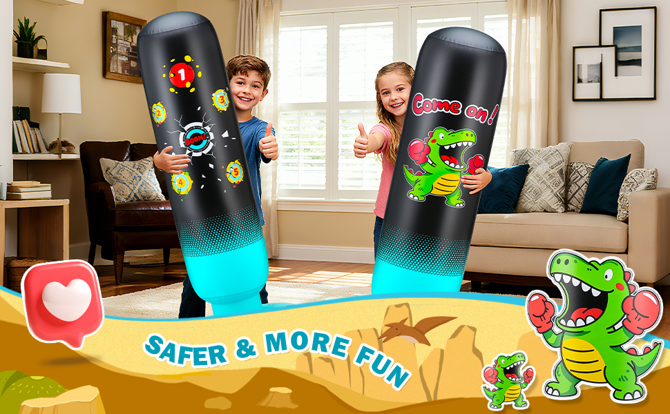 Дитячий боксерський мішок з боксерськими рукавичками та насосом, 165 см, стабільний динозавр та мішень, 2 в 1, надувний боксерський мішок для дітей, комплект для тренувань, подарунок для хлопчиків та дівчаток 3-12 років