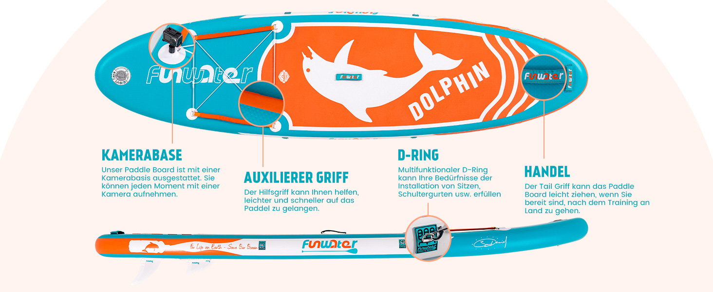 Надувний SUP Борд FunWater 320CM з повним аксесуаром: весло, насос, рюкзак, лінія, водонепроникний мішок. Колір: Дельфін-блакитний